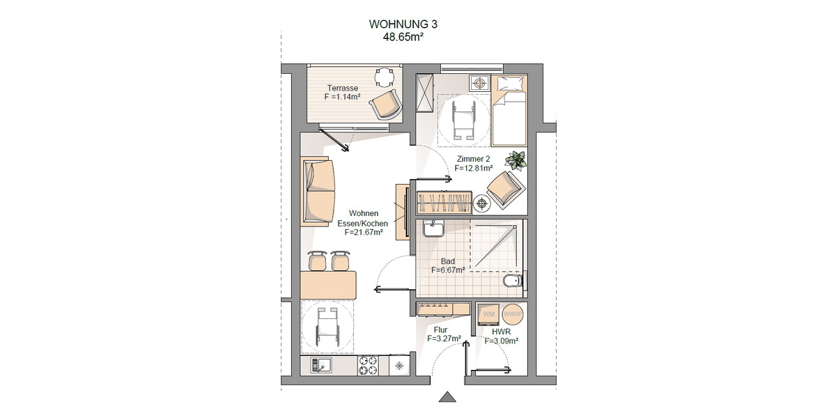 Etagenwohnung Schiffweiler - 2 Zimmer, 48 m&sup2;, 178.275&euro; | Angebot:25707605