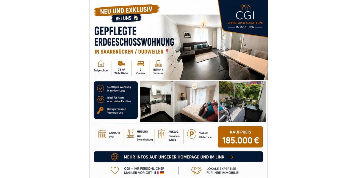 Erdgeschoßwohnung Saarbrücken Dudweiler - 3 Zimmer, 78 m&sup2;, 177.000&euro; | Angebot:27299020